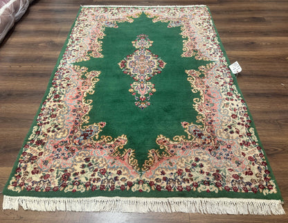 Green Persian Kerman Rug 4x6 Vintage Semi Open Field With Cream Borders