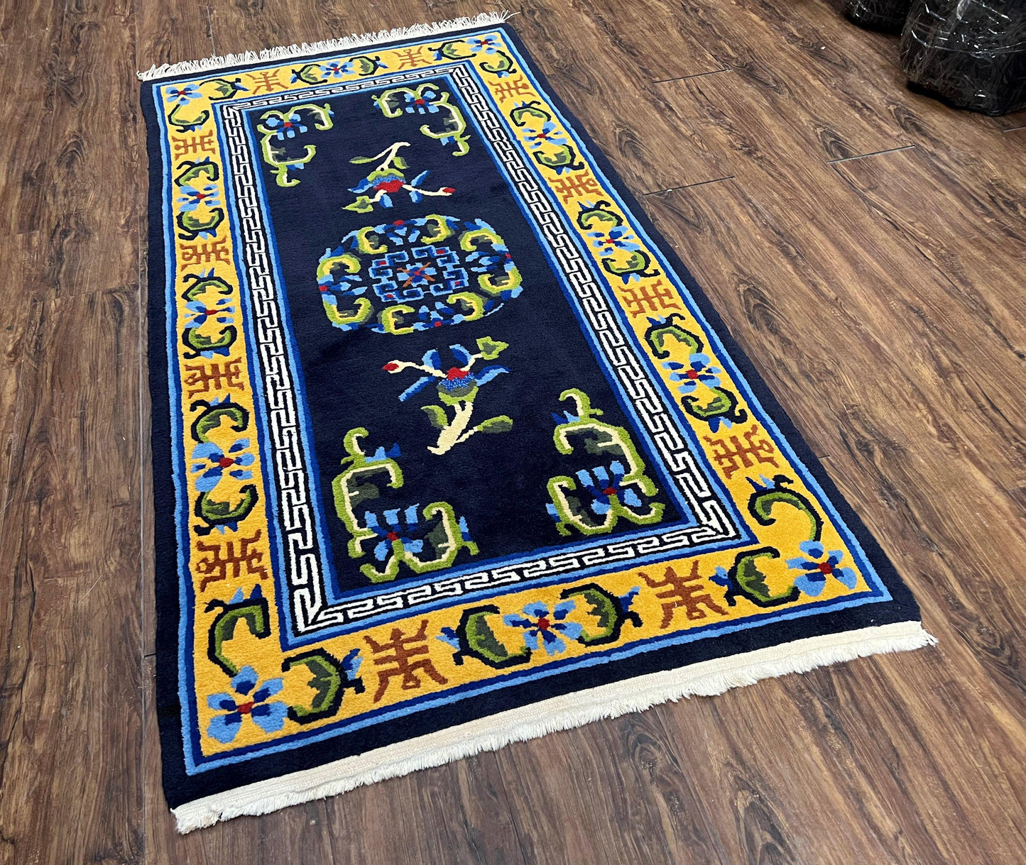 Chinese Art Deco Rug Hand Knotted Vintage Wool Carpet 3x6 Dark Blue Gold Medallion