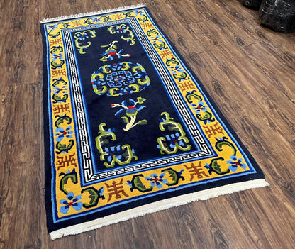 Chinese Art Deco Rug Hand Knotted Vintage Wool Carpet 3x6 Dark Blue Gold Medallion