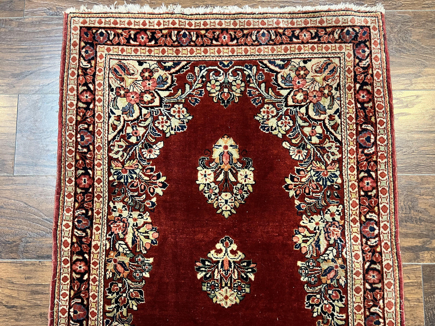 Persian Sarouk Runner Rug 2.7 x 6, Semi Open Field, Red, Handmade Hand Knotted, Wool Oriental Carpet, Vintage Semi Antique