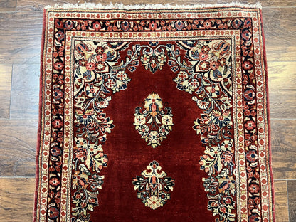 Persian Sarouk Runner Rug 2.7 x 6, Semi Open Field, Red, Handmade Hand Knotted, Wool Oriental Carpet, Vintage Semi Antique