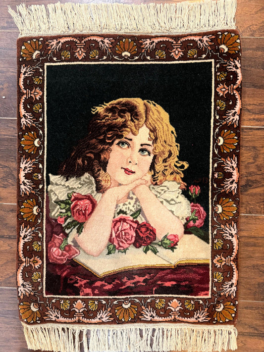 Persian Pictorial Rug Small Tabriz With Roses Portrait Of A Young Lady Handmade Wall Hanging
