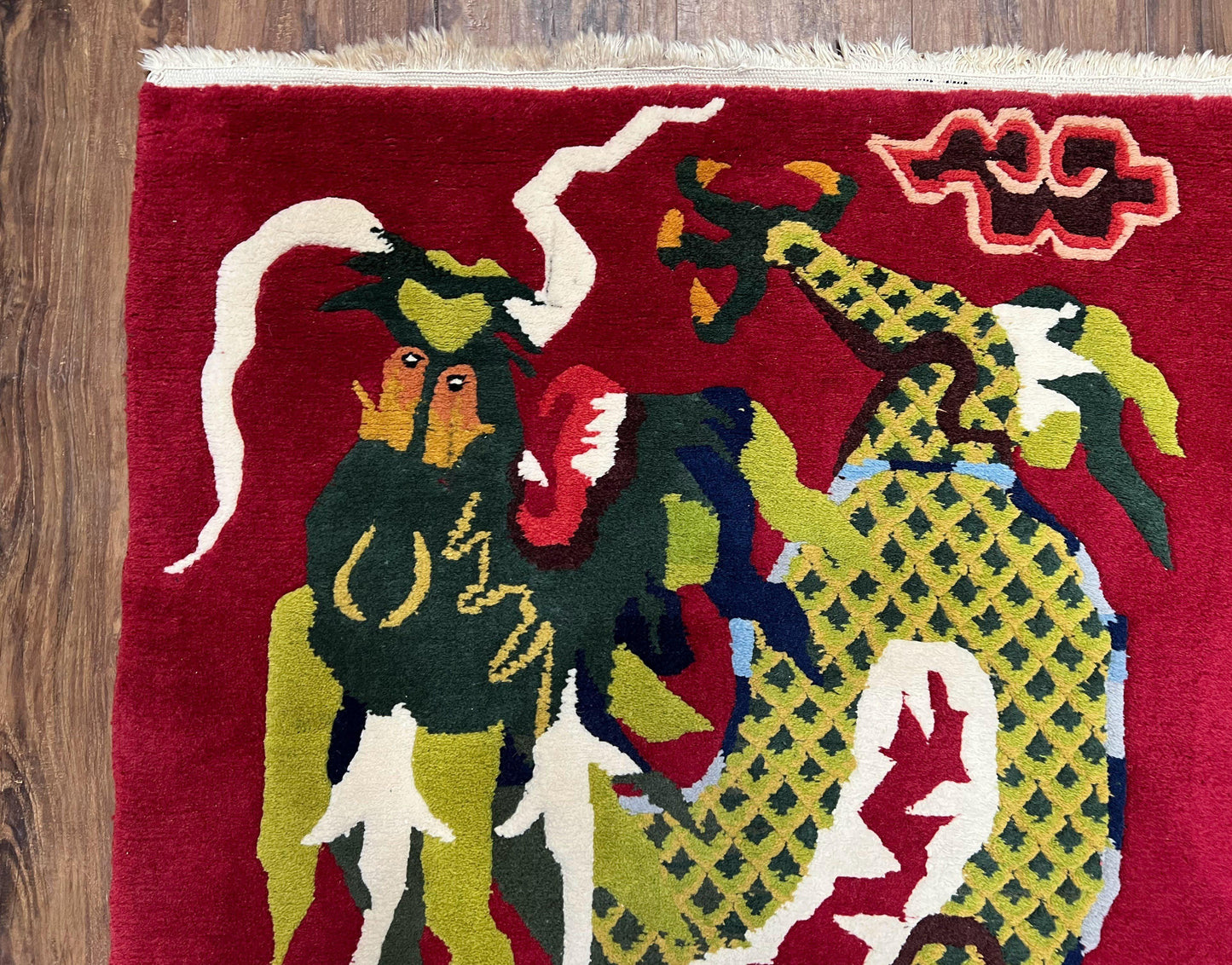 Vintage Chinese Dragon Rug 3 x 6.8, Handmade Hand Knotted Red Chinese Carpet with Gold Dragon, Art Deco Peking Soft Chinese Rug Runner