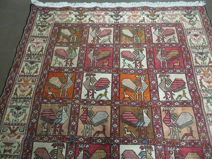 Vintage Russian Kilim Rug Handmade Flat Weave Soumak Silk Wool 4x6 Roosters Birds