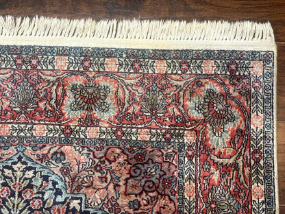 Kashmiri Silk Rug 4x6 Tree Of Life Birds Handmade Navy Red Oriental Carpet