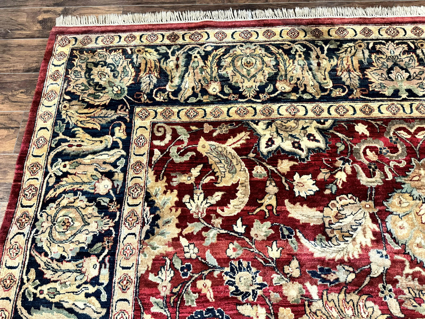 Indo Persian Rug 10x14 Vintage Handmade Wool Carpet Dark Red Navy Blue Beige