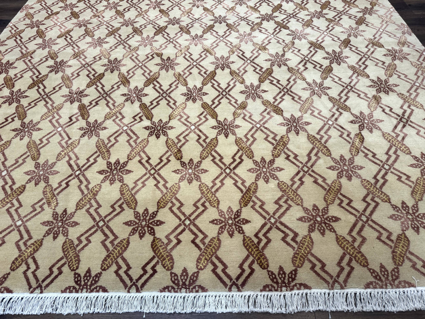 Tibetan Rug 8x10 Wool Silk Highlights Contemporary Carpet Beige And Maroon