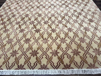 Tibetan Rug 8x10 Wool Silk Highlights Contemporary Carpet Beige And Maroon