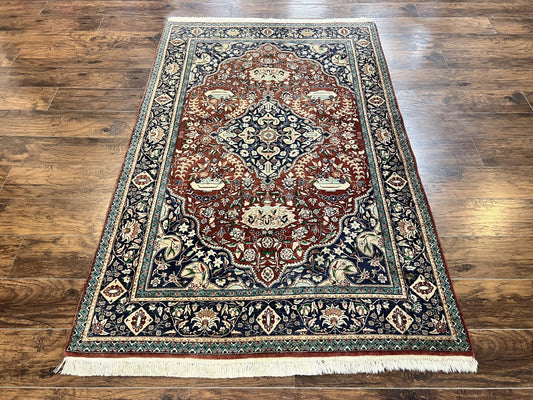 Pak Persian Rug 5x7, Wool Hand Knotted Vintage Carpet, Floral Medallion Rug, Brick Red & Navy Blue, Fine Weave, Medium Sized Rug