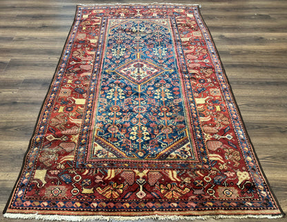 Antique Persian Rug 4x7, Blue and Red Malayer Carpet, Rare
