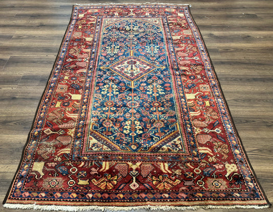 Antique Persian Rug 4x7, Blue and Red Malayer Carpet, Rare