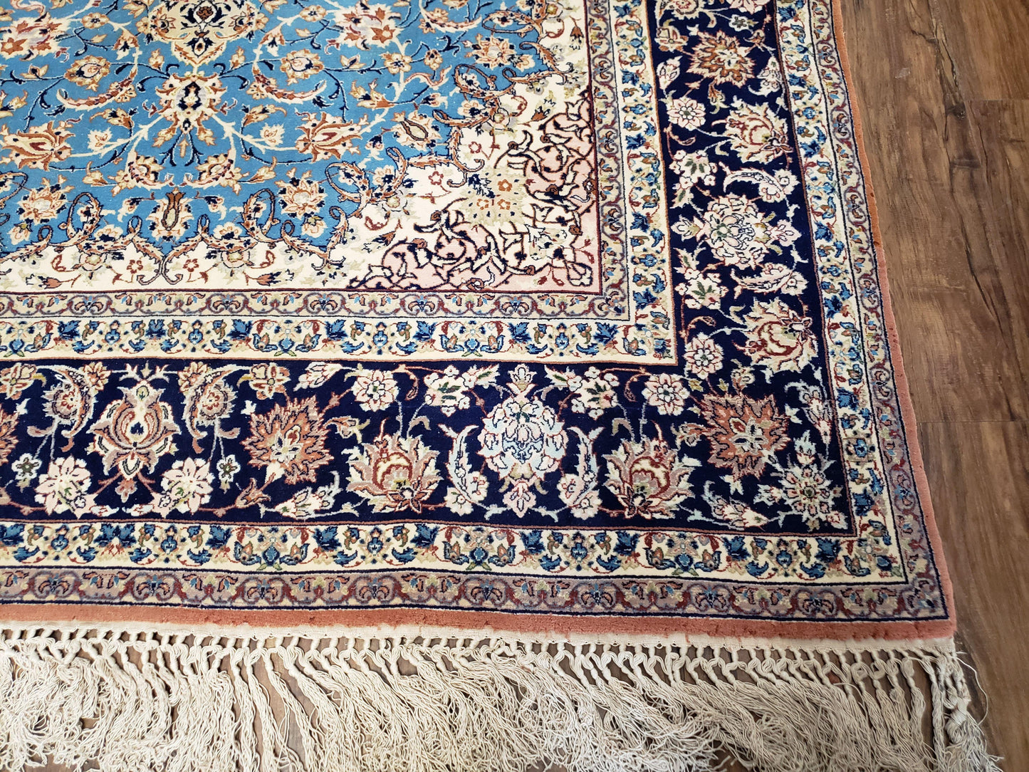 Persian Isfahan Rug Hand Knotted Kork Wool On Silk Foundation Sky Blue Vintage 5 Feet 1 Inch By 7 Feet 8 Inches