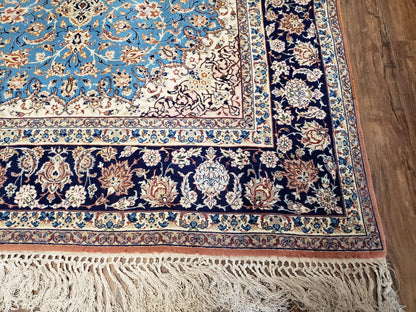Persian Isfahan Rug Hand Knotted Kork Wool On Silk Foundation Sky Blue Vintage 5 Feet 1 Inch By 7 Feet 8 Inches