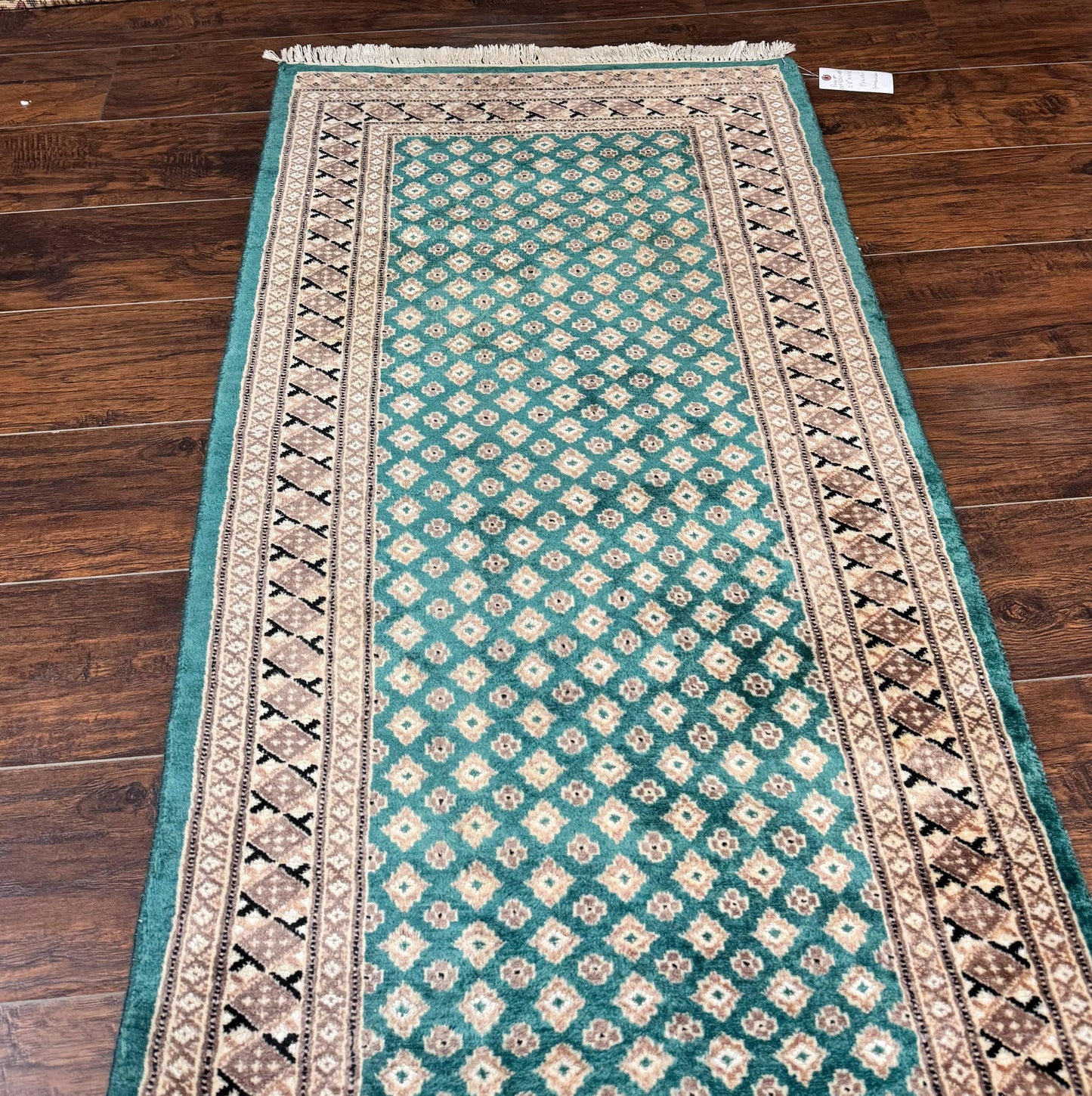 Long Pakistani Runner Rug 2.8 x 20, Hand Knotted Vintage Wool Hallway Rug, Turkoman Rug, Teal and Tan, Handmade Vintage Wool Runner