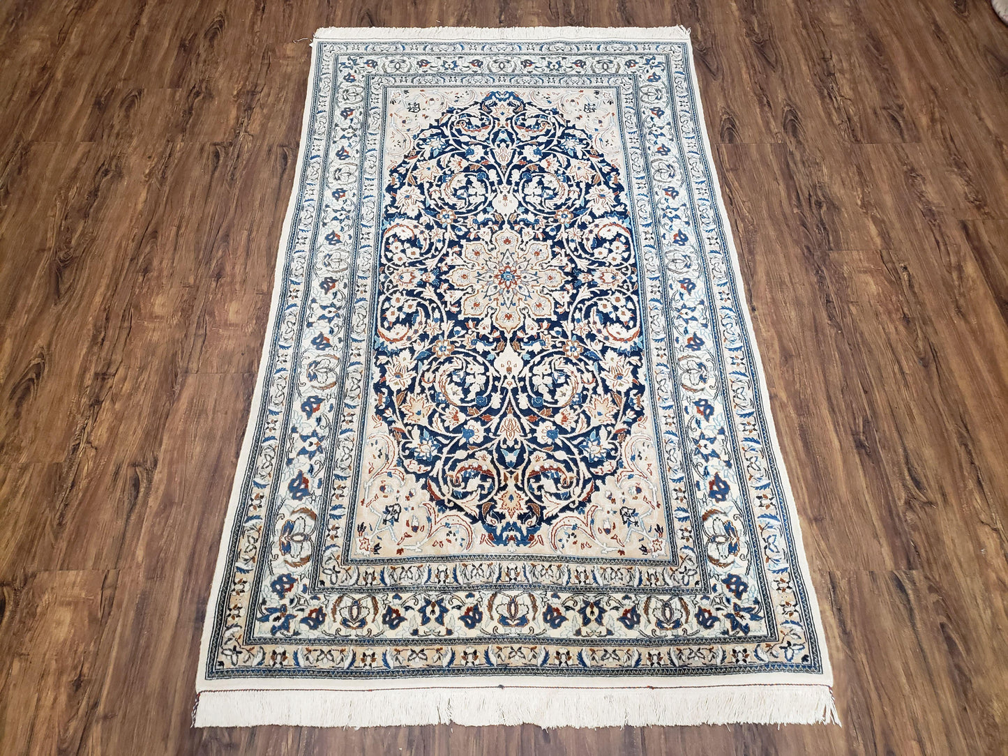 Semi Antique Persian Nain Rug Hand Knotted With Wool Silk Accents Ivory And Blue