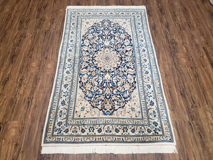 Semi Antique Persian Nain Rug Hand Knotted With Wool Silk Accents Ivory And Blue