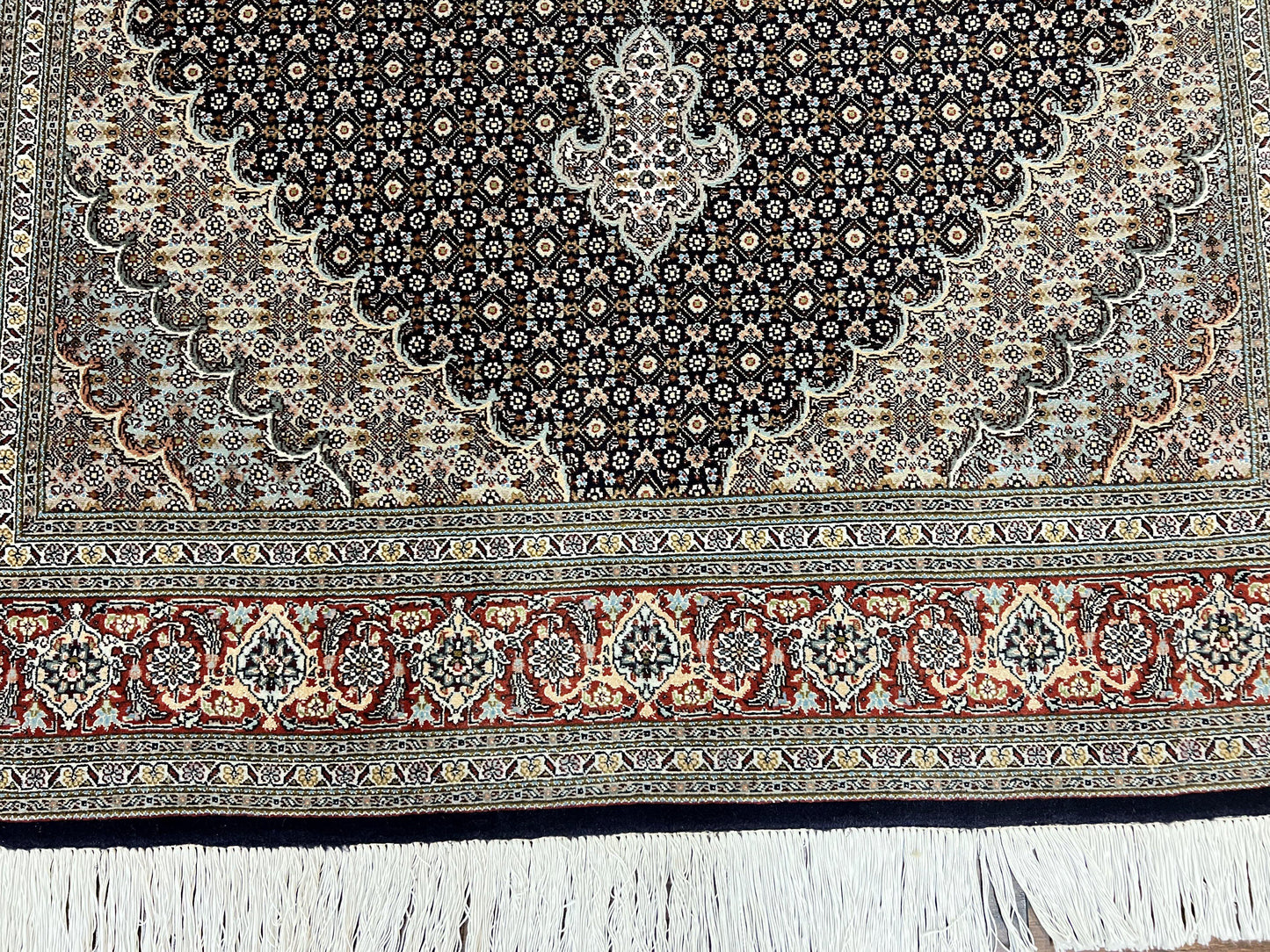 Persian Tabriz Rug 5x7, Wool with Silk Highlights, Hand Knotted Vintage Oriental Carpet, Very Fine, Herati Mahi Pattern, Black, Rare