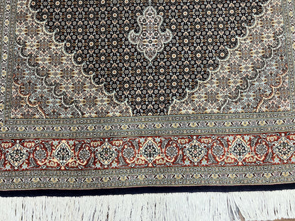 Persian Tabriz Rug 5x7, Wool with Silk Highlights, Hand Knotted Vintage Oriental Carpet, Very Fine, Herati Mahi Pattern, Black, Rare