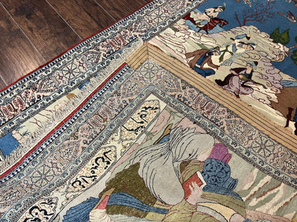 Persian Qum Pictorial Rug Vintage 5x7 Hand Knotted Wool and Silk