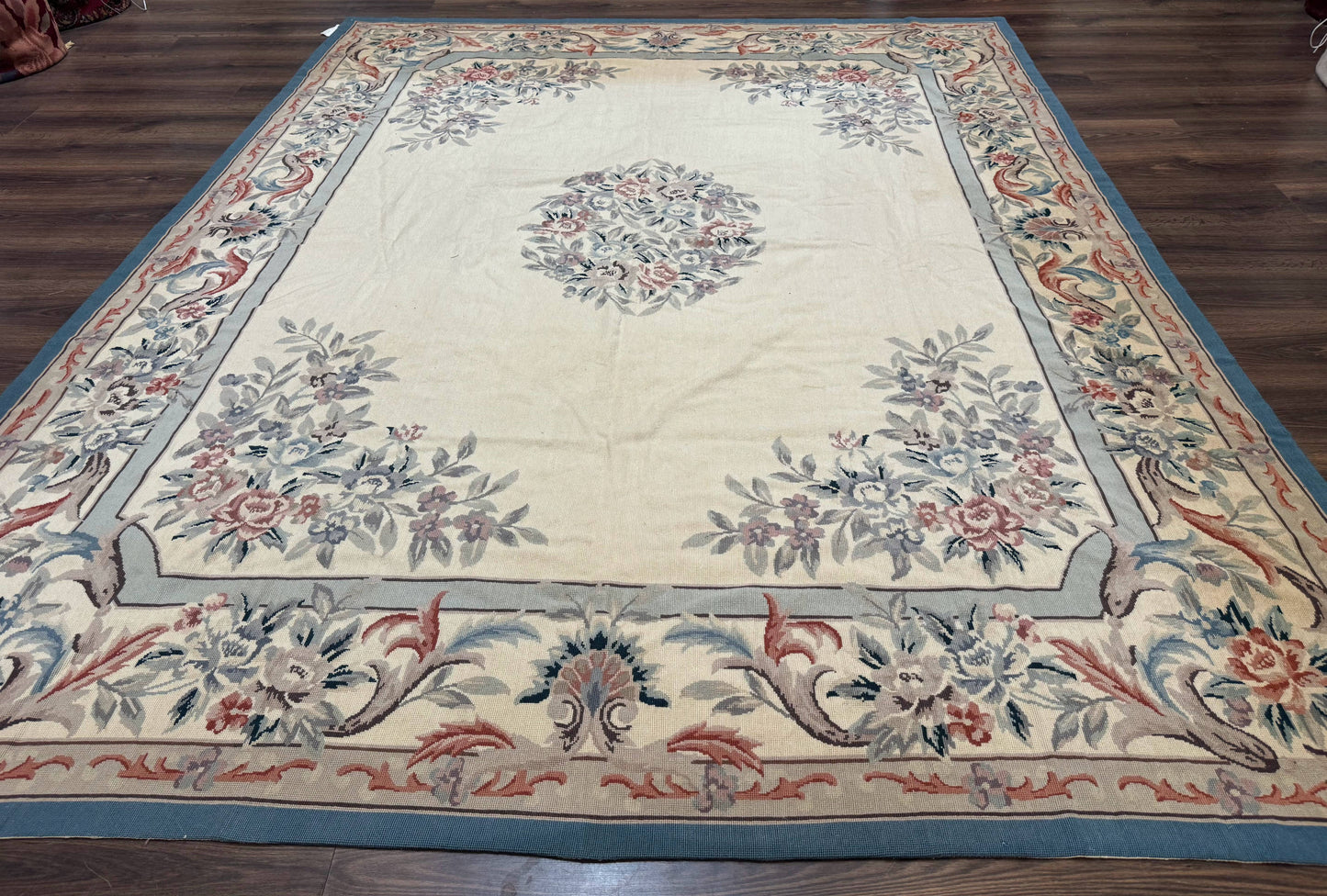Ivory Needlepoint Rug 8x10, Wool Handmade Carpet