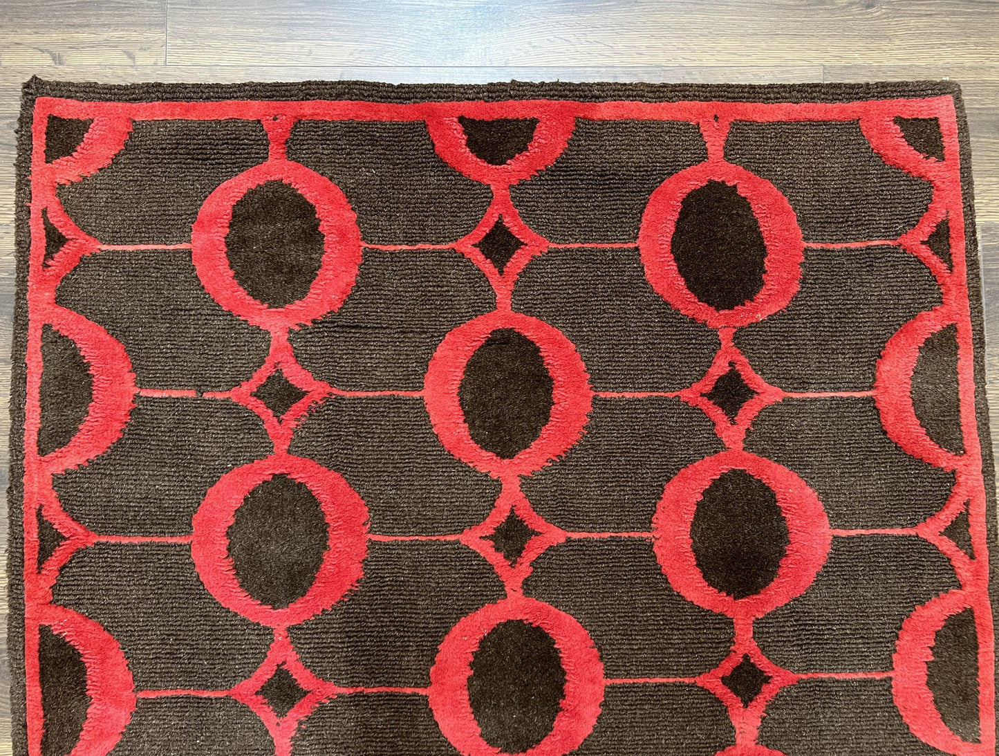 Modern Tibetan Rug 3.8 x 5.7, Raspberry Red and Dark Brown, Abstract Circle Design, Hand Knotted, Soft Wool Handmade Tibet Nepali Carpet 4x6