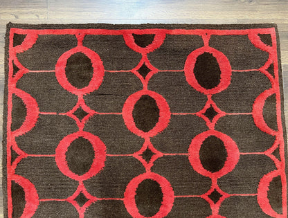 Modern Tibetan Rug 3.8 x 5.7, Raspberry Red and Dark Brown, Abstract Circle Design, Hand Knotted, Soft Wool Handmade Tibet Nepali Carpet 4x6