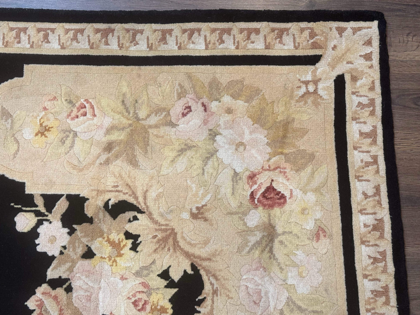 Aubusson Rug Chinese Wool 6x9 Black Floral Elegant Hand Knotted