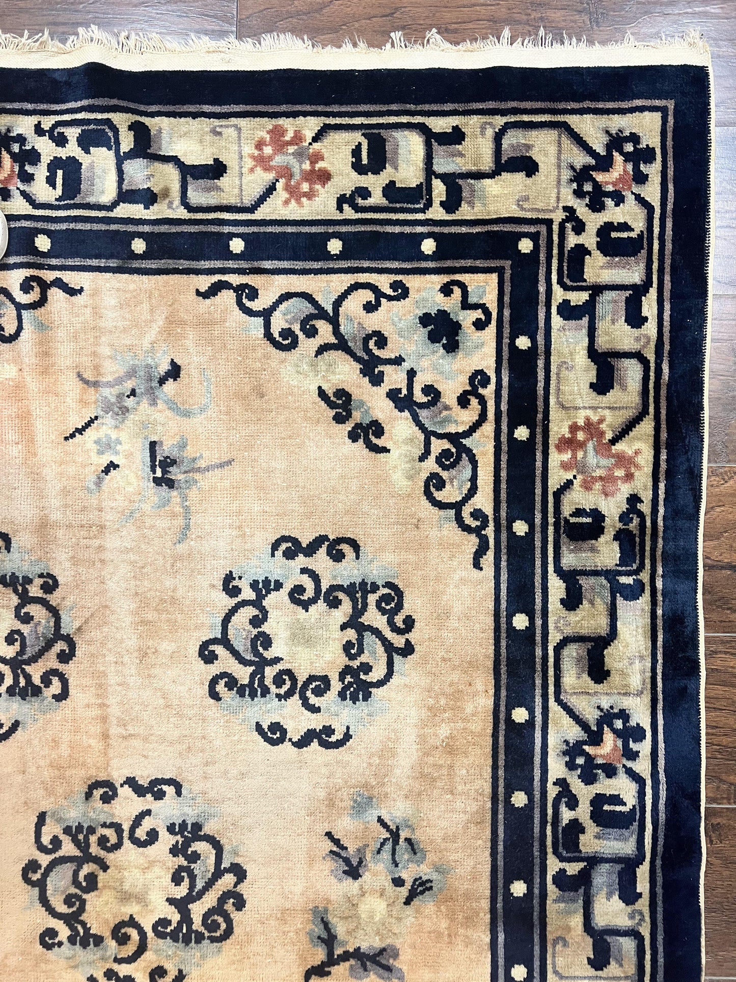 Chinese Peking Rug 4x6 Wool Hand Knotted Vintage Semi Antique Carpet Light Peach Navy Art Deco Style