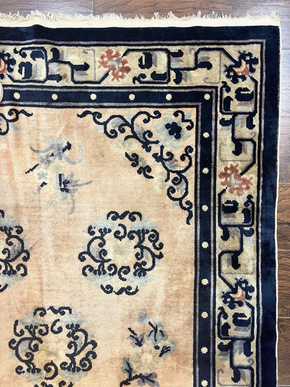 Chinese Peking Rug 4x6 Wool Hand Knotted Vintage Semi Antique Carpet Light Peach Navy Art Deco Style