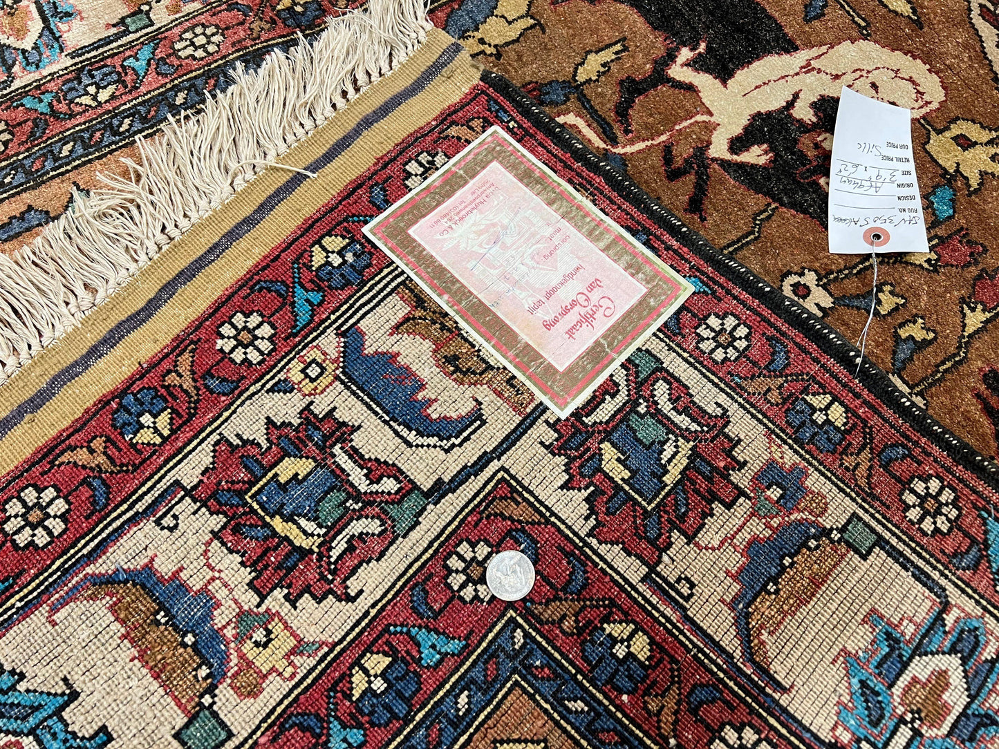 Unique Afghan Silk Rug 4x6, Hunting Pattern Animal Motifs, Light Brown and Cream, Persian Handwritten Poetry, Fine 1940s Oriental Carpet Wow