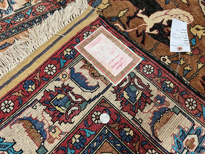 Unique Afghan Silk Rug 4x6, Hunting Pattern Animal Motifs, Light Brown and Cream, Persian Handwritten Poetry, Fine 1940s Oriental Carpet Wow