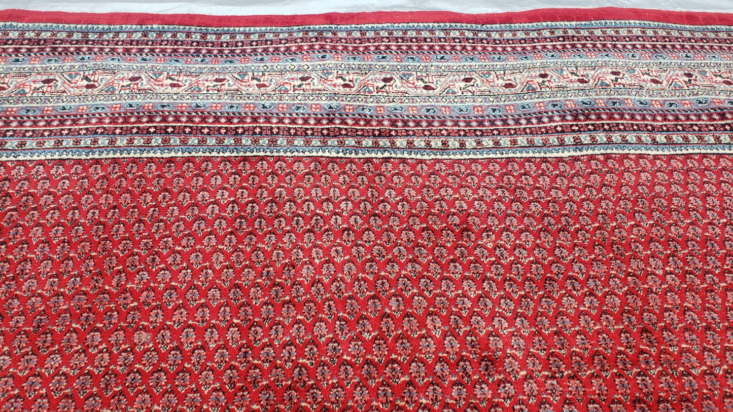 Persian Sarouk Mir Pattern, Red and Beige, Hand-Knotted, Wool, Paisley Boteh Design, 9'9" x 13', Semi Antique