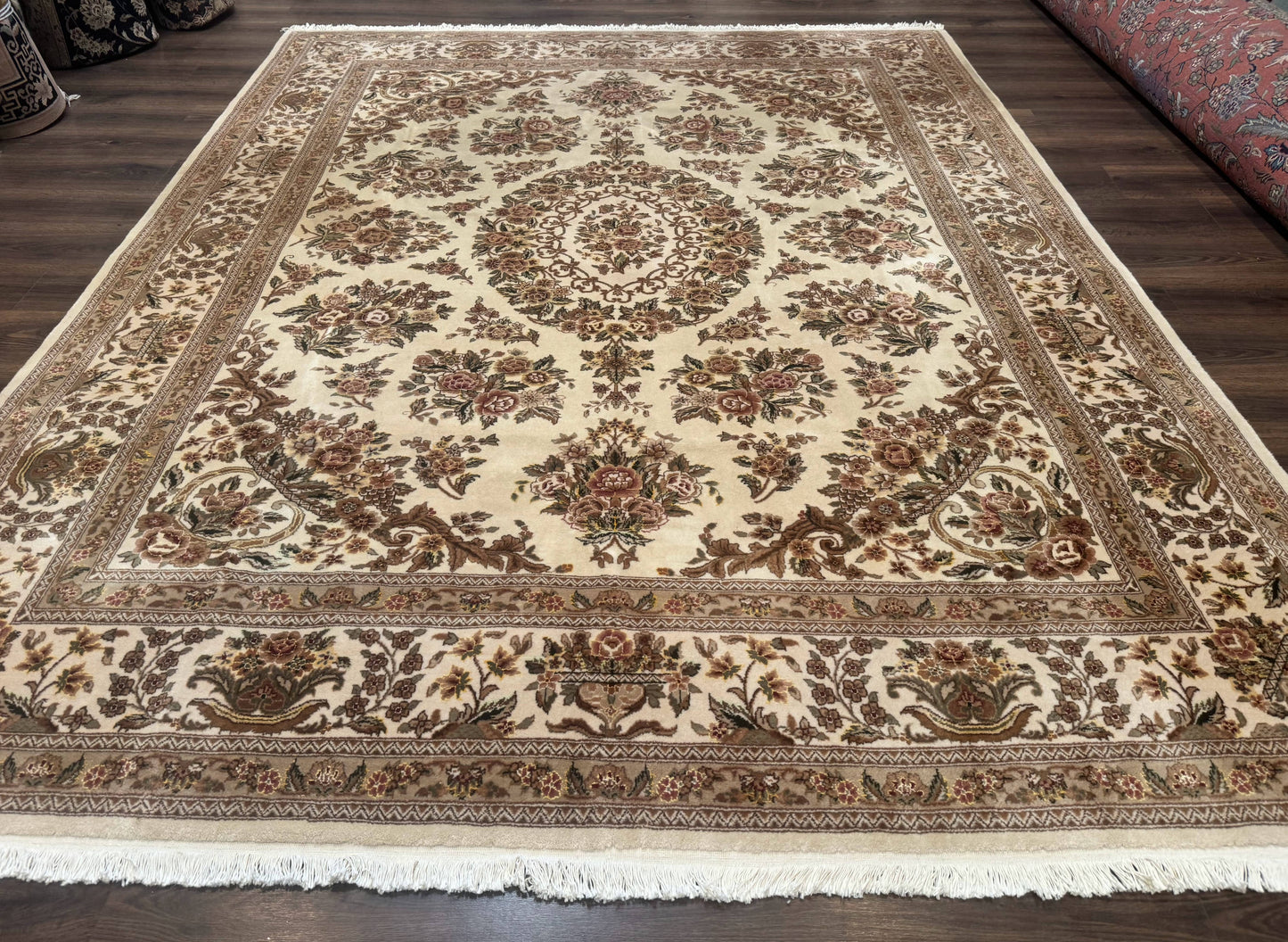 Sino Persian Rug 8x10, Floral, Elegant, Fine 225 KPSI, Beige, Wool & Silk