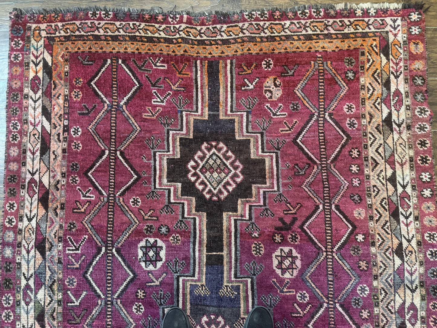 Persian Tribal Shiraz Rug 5x8, Geometric, Raspberry Red and Charcoal, Antique Persian Carpet