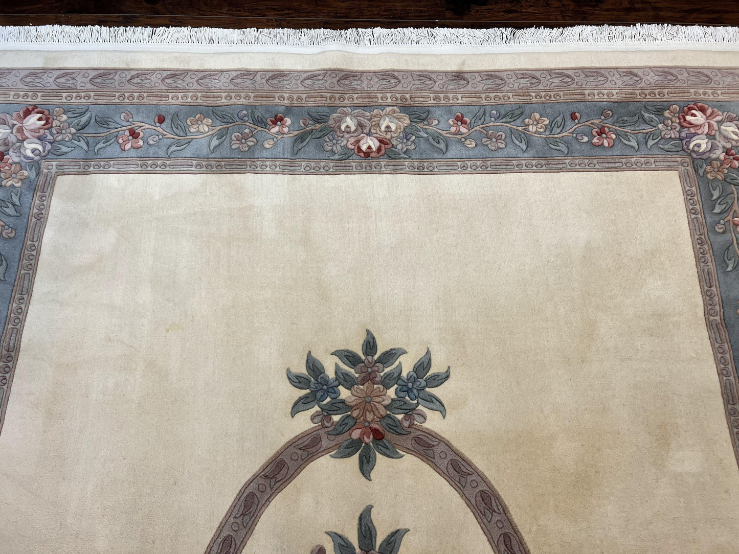 Chinese Wool Rug 8x10 Handknotted 120 Line Cream Aubusson Art Deco Oriental Rug