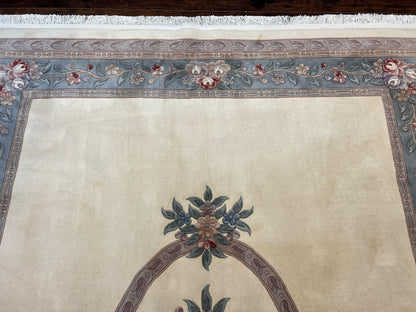 Chinese Wool Rug 8x10 Handknotted 120 Line Cream Aubusson Art Deco Oriental Rug