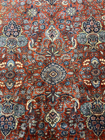 Persian Sarouk Rug 9x12 Handmade Wool Qazvin Antique Carpet Red And Dark Blue Floral Allover