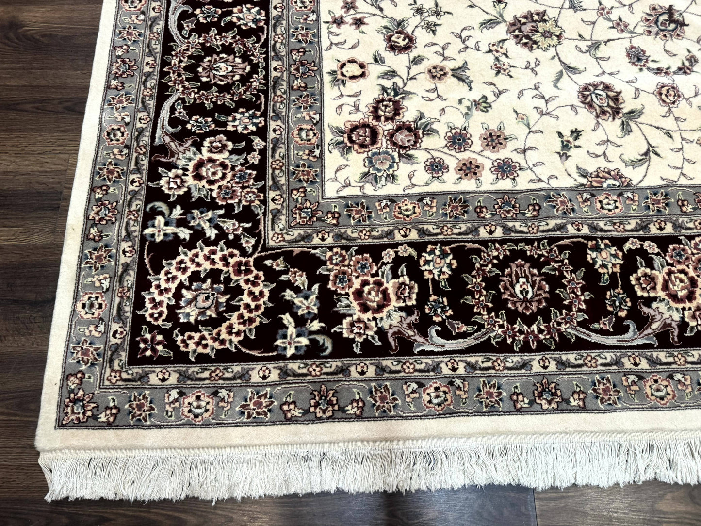 Sino Persian Rug 9x12 Hand Knotted Wool Silk Highlights Floral Allover Ivory And Dark Maroon
