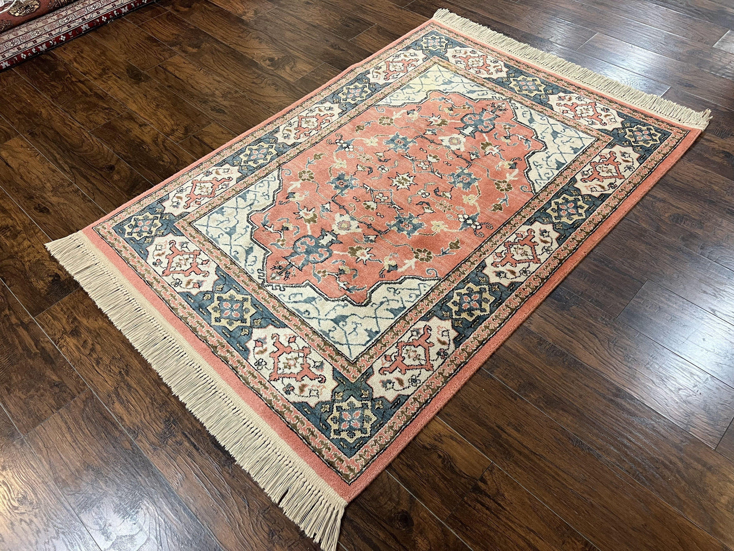 Karastan Rug 4x6 Bergama Design #737, Karastan Area Rug, Vintage Wool Karastan Carpet, Original Collection 700 Series, Salmon Red Light Blue