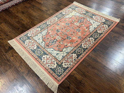 Karastan Rug 4x6 Bergama Design #737, Karastan Area Rug, Vintage Wool Karastan Carpet, Original Collection 700 Series, Salmon Red Light Blue
