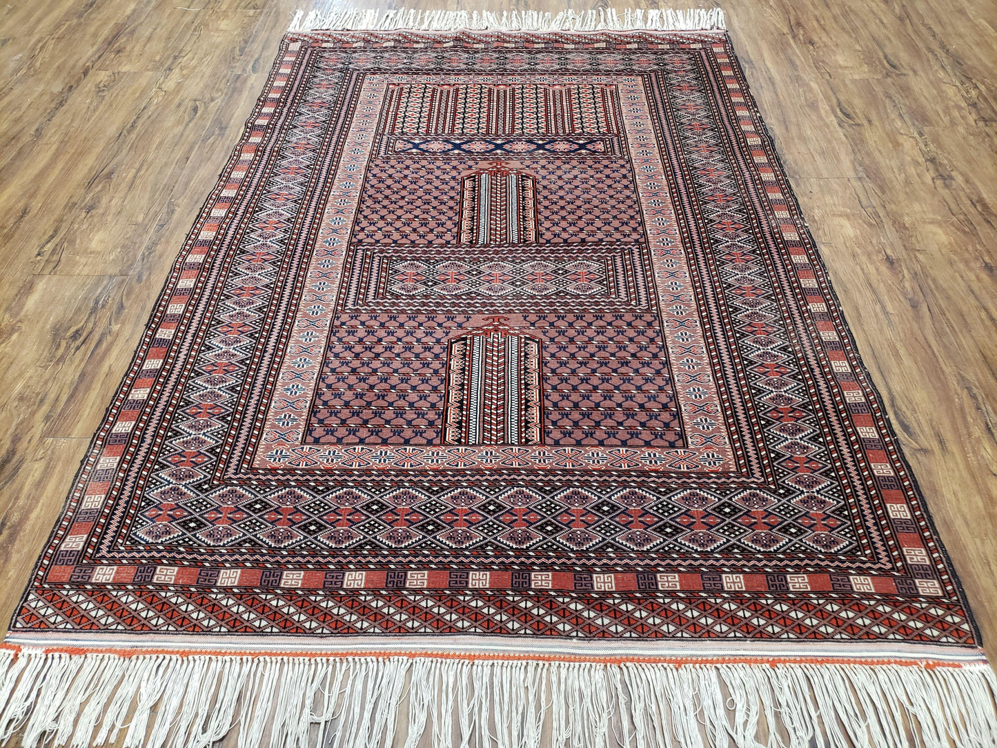 Vintage Turkoman Bokhara Rug 4x6, Four Seasons Pakistan Bukhara Turkmen Engsi Yamud Carpet, Fine Tribal Rug, Wool, Hand-Knotted, Brown, Nice