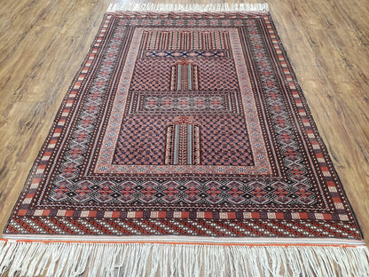 Vintage Turkoman Bokhara Rug 4x6, Four Seasons Pakistan Bukhara Turkmen Engsi Yamud Carpet, Fine Tribal Rug, Wool, Hand-Knotted, Brown, Nice