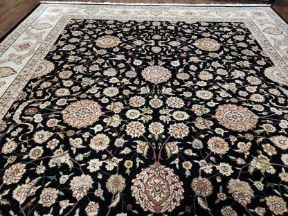 Vintage Wool Rug Oriental Floral Silk Highlights Black Handmade 8 Ft 5 In By 11 Ft 6 In