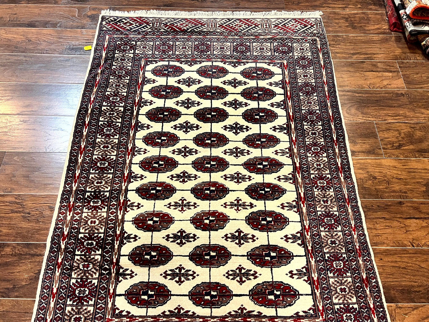 Pakistani Bokhara Rug 4x6 Vintage Handmade Wool Carpet Ivory Turkoman Style