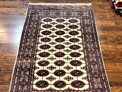 Pakistani Bokhara Rug 4x6 Vintage Handmade Wool Carpet Ivory Turkoman Style