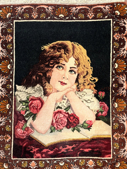Persian Pictorial Rug Small Tabriz With Roses Portrait Of A Young Lady Handmade Wall Hanging