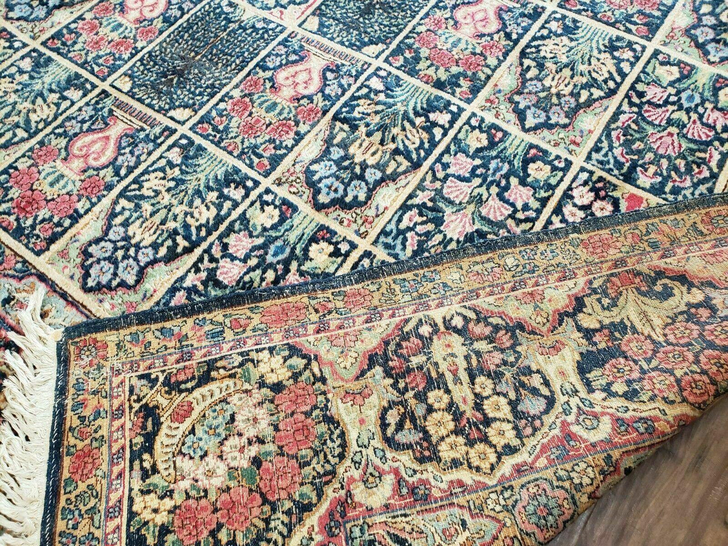 Persian Rug 10x15 Hand Knotted Wool Carpet Vintage Kirman Yazd Floral Dark Blue Beige