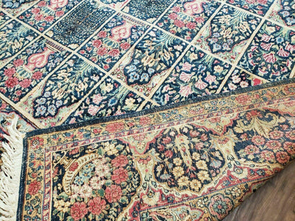 Persian Rug 10x15 Hand Knotted Wool Carpet Vintage Kirman Yazd Floral Dark Blue Beige