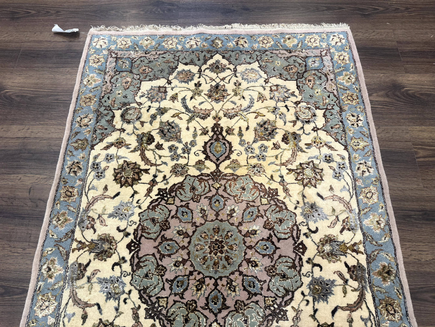 Persian Isfahan Rug 3x5, Fine 310 KPSI, Kork Wool Silk Foundation, Cream & Light Green