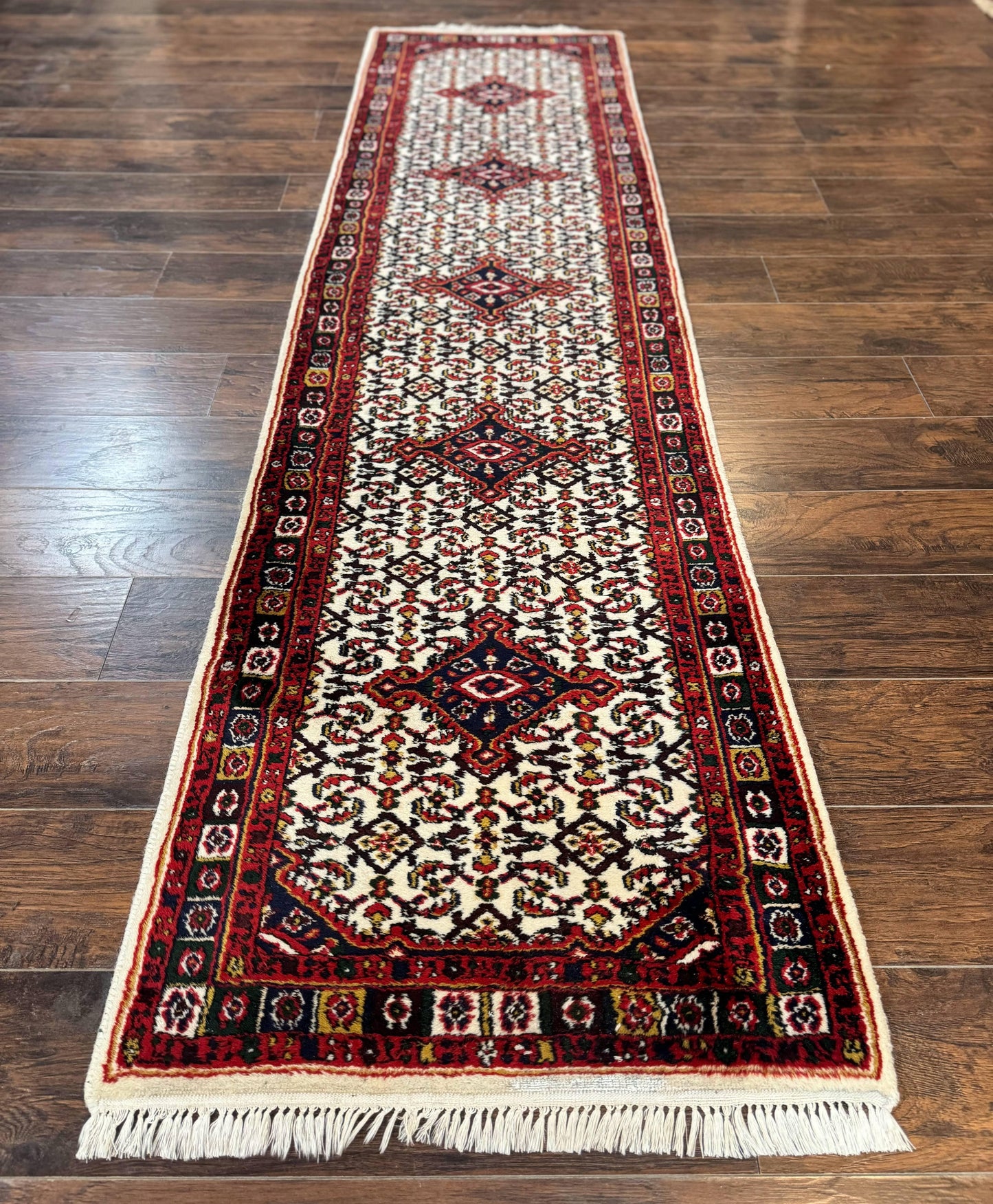 Indo Persian Bidjar Runner Rug 2.8 x 10, Vintage Rug for Hallway, 10ft Runner, Wool Handmade Ivory and Red, Medallions